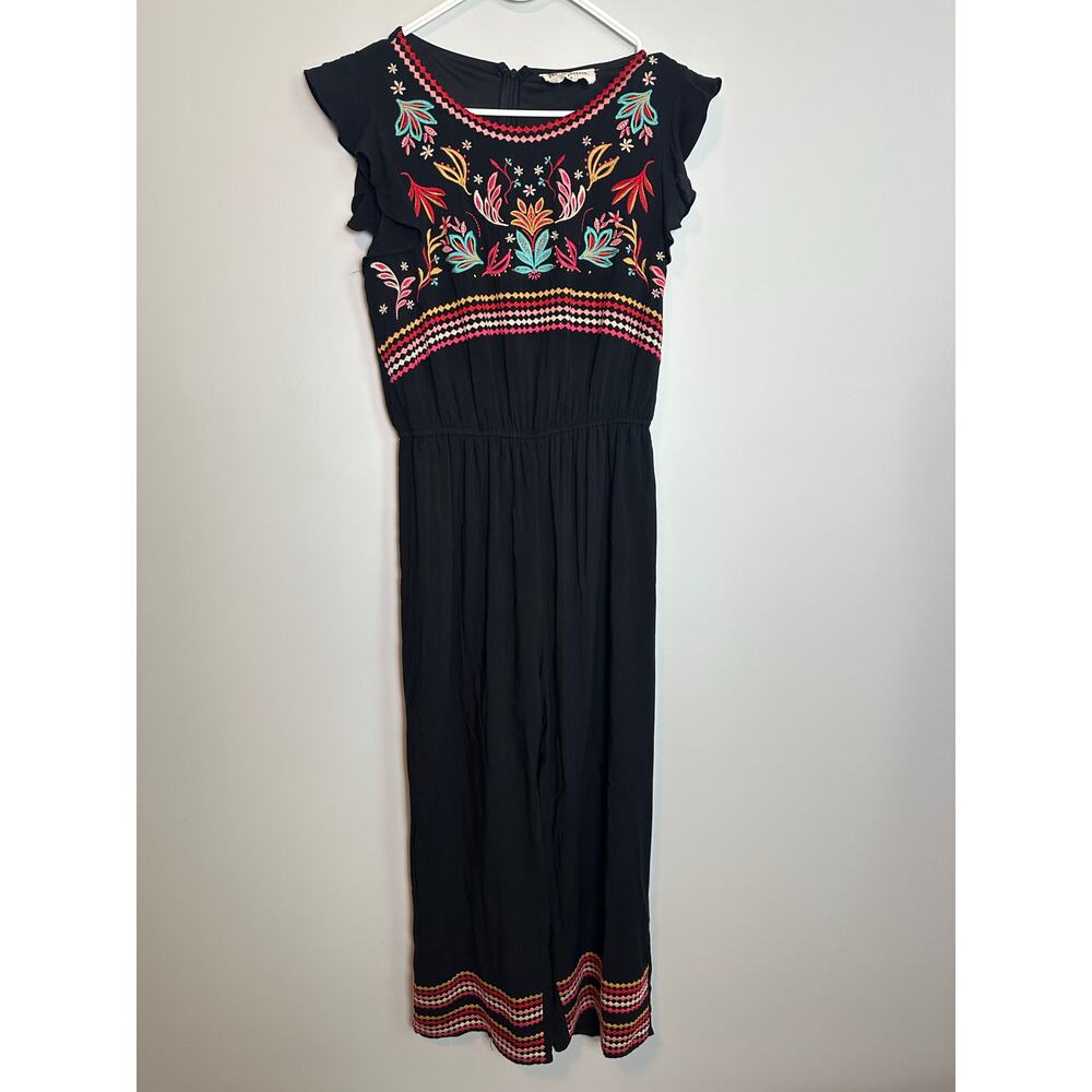 Savanna Jane Embroidered Jumpsuit M Black Floral Boho Wide Leg Flutter Sleeve - Picture 2 of 13